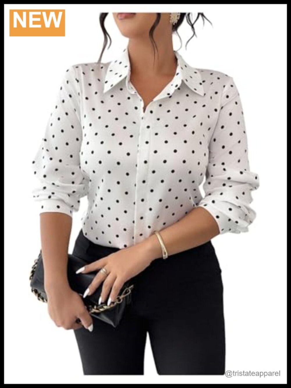 Plus Size Polka Dot Button Down Blouse Long Sleeve Work Shirt
